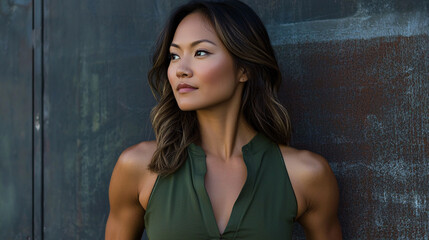 Fototapeta premium A poised woman gazes thoughtfully to the side, showcasing her confidence and elegance against a textured background.