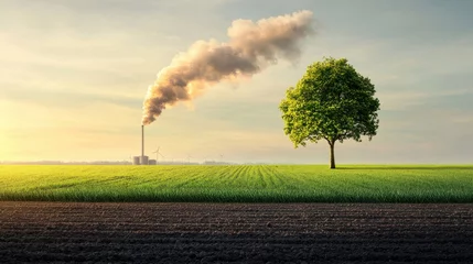 Fototapete Impact Biomass Solutions Concept. Polluted landscape with a tree and smoke from a factory in the background. © LazySherry