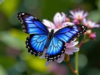 Naklejka premium Vibrant Blue Morpho Butterfly on Pink Flowers in Lush Garden