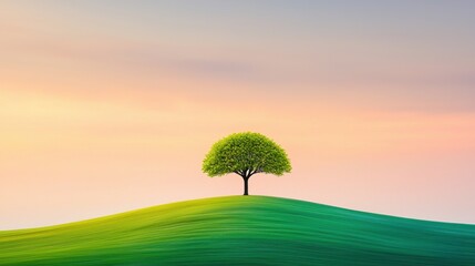 Impact Biomass Solutions Concept. Lone tree on a green hill against a pastel sky at sunset.