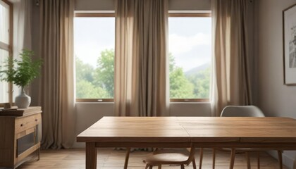 Fototapeta premium Wooden table on a softly focused background of a half-curtained window with modern furniture and natural wood tones, modern furniture, cozy feel, calming ambiance, subtle lighting, wooden table