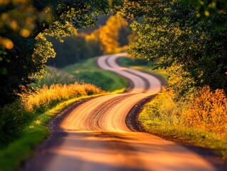 Naklejka premium Winding country road through vibrant autumn foliage, sunlight illuminating the path, serene nature scene, peaceful travel concept