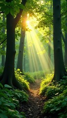 Warm sunlight filters through dense foliage, illuminating forest floor, sunlight, dappled, greenery