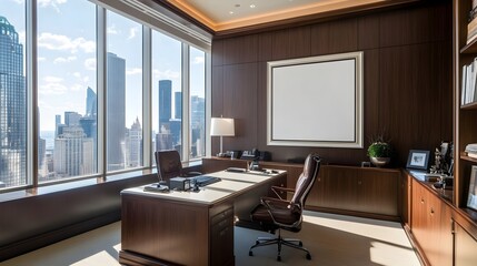 A CEO’s high-rise office with a panoramic city view and a framed white canvas behind the desk.