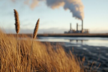 Coastal grasses, power plant pollution, sunset