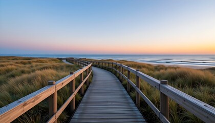 Fototapeta premium A peaceful wooden boardwalk leading through lush coastal dunes to the ocean, with a stunning sunset sky. Perfect for travel, relaxation, and nature themes.