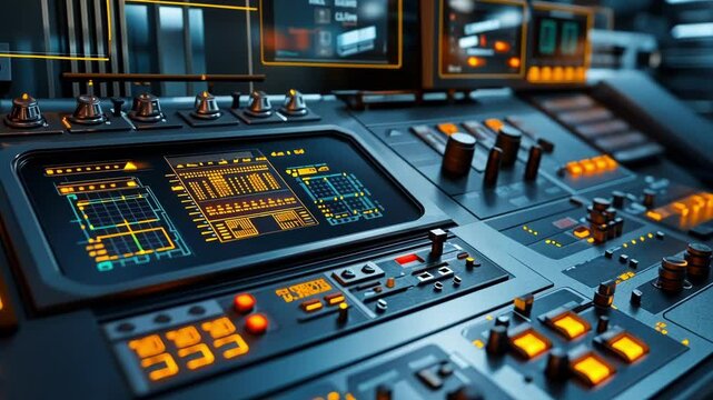 Complex data is displayed on a futuristic control panel with glowing orange lights and intricate details, suggesting advanced technological capabilities in a sophisticated environment