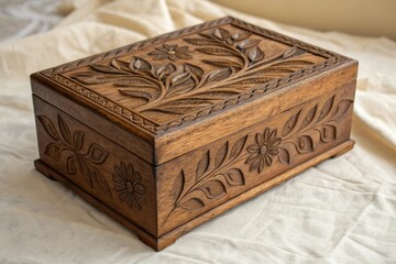 Wooden box with intricate carvings of leaves and flowers on a parchment texture background, storage box, wooden, interior design, leaf patterns