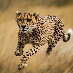 Obraz premium A cheetah sprinting across the open savannah, its muscles tensed as it chases prey.