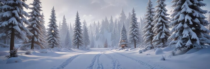 Winter wonderland setting with snowy trail and illuminated holiday trees, lights, setting, Christmas trees, festive