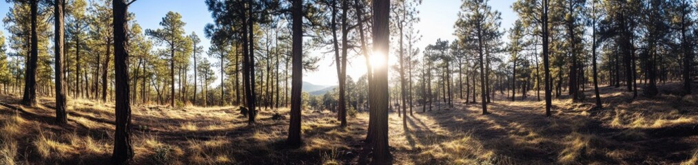 Sunlit pine forest panorama at sunset.