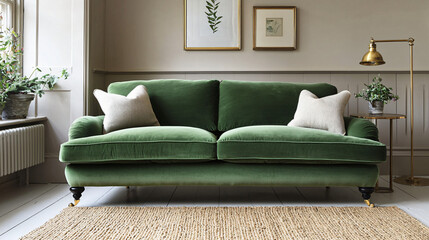 A contemporary living room featuring a stylish green sofa paired with elegant brass accents and a cozy jute rug, creating a serene and calming atmosphere. 