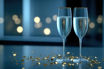 Sparkling Champagne Flutes with Golden Accents and Bokeh Background