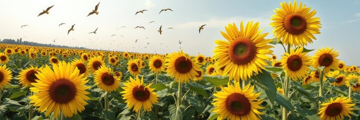 Obraz premium Wide-angle shot of a sunflower field with a few birds flying overhead, bird flight, green grass
