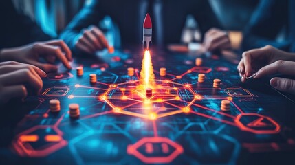 Naklejka premium A dynamic game scene with a rocket launch amidst strategic elements and player engagement.