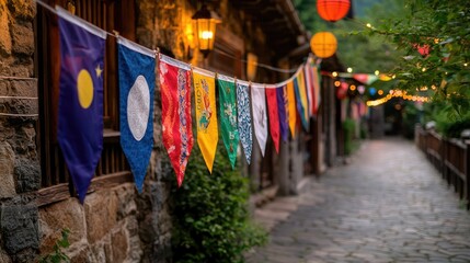 Naklejka premium Colorful flags line a stone path at dusk. Possible use Travel brochure