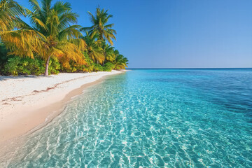 Scenic beach landscape with palm trees and clear turquoise water under a bright blue sky
