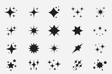 Shine or sparkle vector retro set on white background. Collection of star shapes in black color. Y2k abstract signs. Shine icon. Vector illustration.
