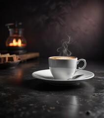 White cup with coffee, foam, and saucer on a dark, moody backdrop, cup, atmosphere
