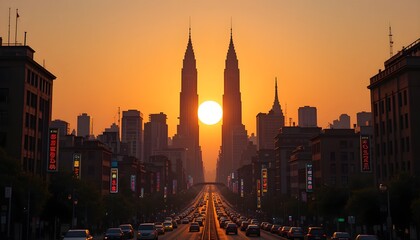 Naklejka premium A massive sun sets between skyscrapers, casting a golden glow over a bustling city street. Striking urban scenery with a futuristic, cinematic atmosphere.