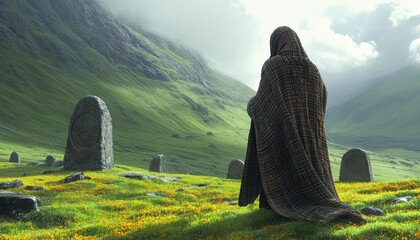 A hooded figure stands in a field among ancient stones