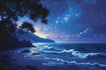 Fototapeta premium Landscape painting of a beach scene with a tree and calm body of water under a clear blue sky