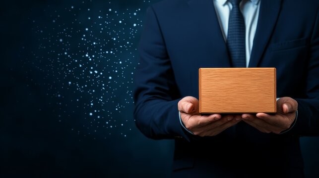 Man in suit holding wooden block, a visual representation of business strategy, core values, and foundational concepts