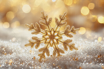 Close up of a snowflake resting on a shimmering silver background with intricate details and patterns