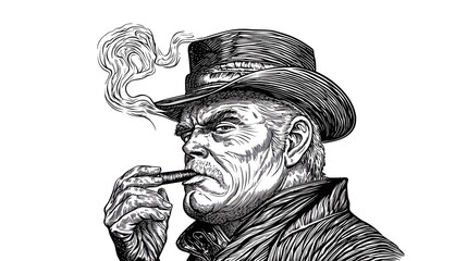 Fototapeta premium Portrait of a rugged man in a hat smoking a cigar, with smoke swirling in the air