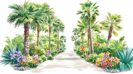 Fototapeta premium Another version of a beautiful pathway framed by palm trees and vibrant greenery.