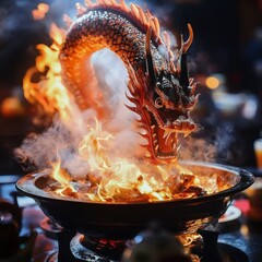 A Culinary Dragon Display With Firey Flames and Aromatic Food Presentation With Grill Marks and Smoky Flavors And Various Asian Dishes And A Table Setting In A Restaurant Setting During A
