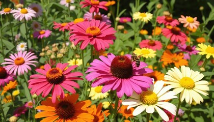 A lively garden teeming with colorful summer blossoms and active bees.