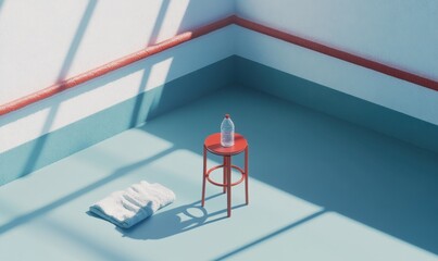 Naklejka premium Sunlit room, red stool, water bottle, towel. Minimalist interior design, stock photo