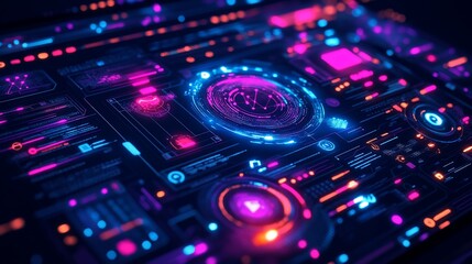 Fototapeta premium Futuristic User Interface with Glowing Lines and Circles Displaying Data Visualization