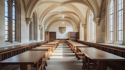 Fototapeta premium A classic university library with long wooden tables and a white frame mounted on an archway.