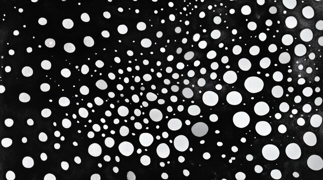 Abstract black background with white and grey polka dots of varying sizes, radiating outwards from the center.