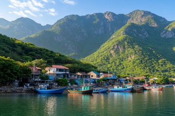 Fototapeta premium Coastal village sunrise, fishing boats, mountain backdrop, tranquil scene, tourism