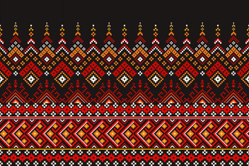 Pixel ethnic  pattern oriental traditional. Design fabric pattern textile African, Aztec African America Indian seamless. Floral pixel art pattern on navy background  vector illustration