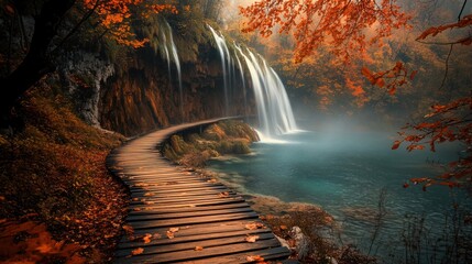 Autumn Waterfall Serenity: A Wooden Path Leads to Tranquility