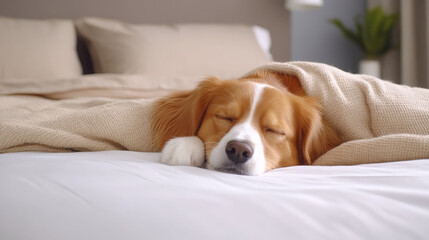 Obraz premium serene image of dog sleeping peacefully under cozy blanket, showcasing warm and tranquil atmosphere. dog appears content and snug, creating heartwarming scene