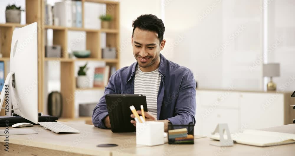 Aufkleber Smile, businessman at desk with computer and tablet for research for online article, review or feedback. Reading email, website search and man in office working on tech business development report.