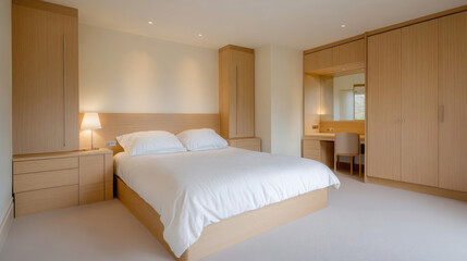 Fototapeta premium modern bedroom featuring wooden bed, bedside tables, and built in storage. soft lighting creates warm and inviting atmosphere, perfect for relaxation