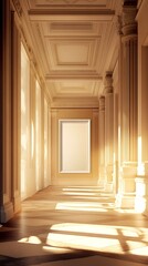 A classic-style hallway with soft ambient lighting and an oversized white frame as the focal point.