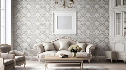 Fototapeta premium A classic-style living room with patterned wallpaper, an ornate white frame, and a vintage chandelier.