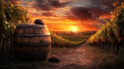 Fototapeta premium Sunset Over Vineyard Landscape with Barrel and Grapes in Rural Countryside