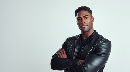 Fototapeta premium Confident young man in leather jacket posing with crossed arms