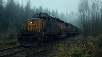 Obraz premium Vintage Locomotive on Foggy Railroad Tracks Surrounded by Forest