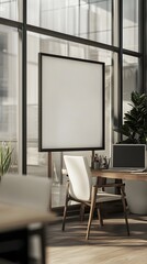 A clean, contemporary workspace with glass partitions, soft textures, and a framed blank canvas.