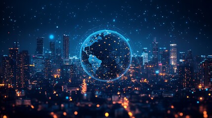 Futuristic Cityscape with Digital Globe Overlay