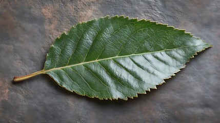 Single Green Leaf on Dark Brown Surface